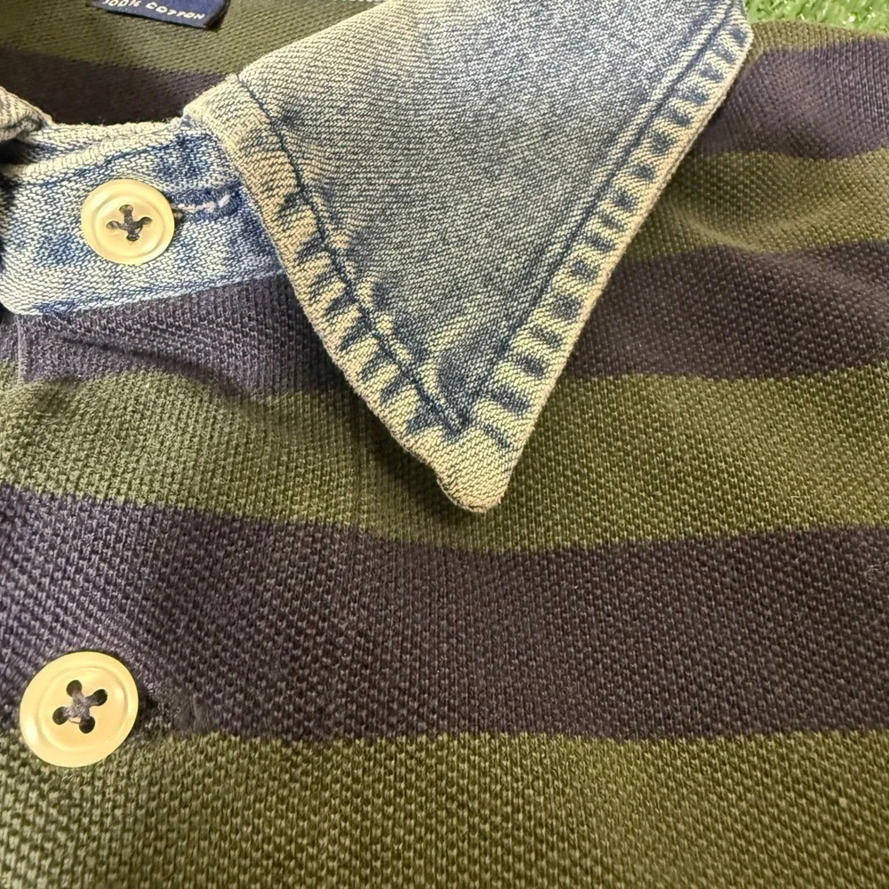 Vintage Polo Ralph Lauren Striped Polo Shirt Denim Collar Green Navy Mens Large